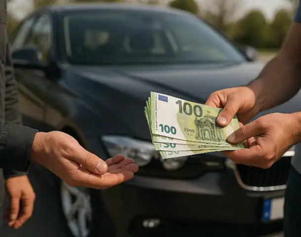 Ein Kunde erhält Bargeld beim Autoankauf in Aalen.